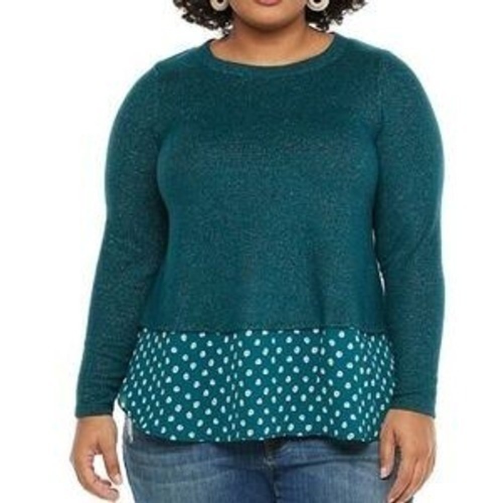 PLUS 2X mez EVRI layered look Teal Green sweater peekaboo polka dot blousing